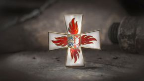 Großaufnahme eine stehender Anstecknadel in Kreuzform mit Schleswig-Holstein Wappen in der Mitte und roten Flammen auf weißem Grund auf den vier Armen des Kreuzes.