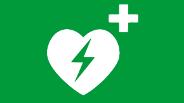 Weißes Herz mit Blitz innen auf grünem Grund. Rechts oben weißes Kreuz.