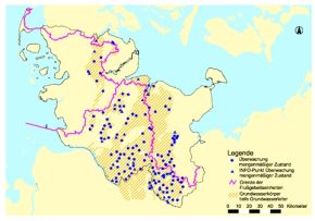 Landeseigene Grundwassermessstellen und INFO-Punkte zur Überwachung des mengenmäßigen Zustands der tiefen Grundwasserkörper; Stand Juli 2012; der aktuelle Stand des Messnetzes ist im Agrar- und Umweltatlas SH abrufbar