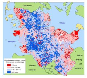Abb. 3: Verteilung der Sickerwasserraten für ganz Schleswig-Holstein auf Basis des RENGER & WESSOLEK – Verfahrens