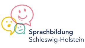 drei verschiedenfarbige Sprachblasen mit Smileygesicht und der Schriftzug Sprachbildung Schleswig-Holstein