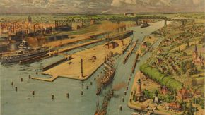Historisches Bild einer Schleusenanlage mit mehreren Schiffen, einem Leuchtturm im Vordergrund und einer Eisenbrücke im Hintergrund