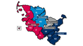 Eine Landkarte von Schleswig-Holstein mit den Standorten des Landesamtes für soziale Dienste in Neumünster, Heide, Kiel, Lübeck und Schleswig.