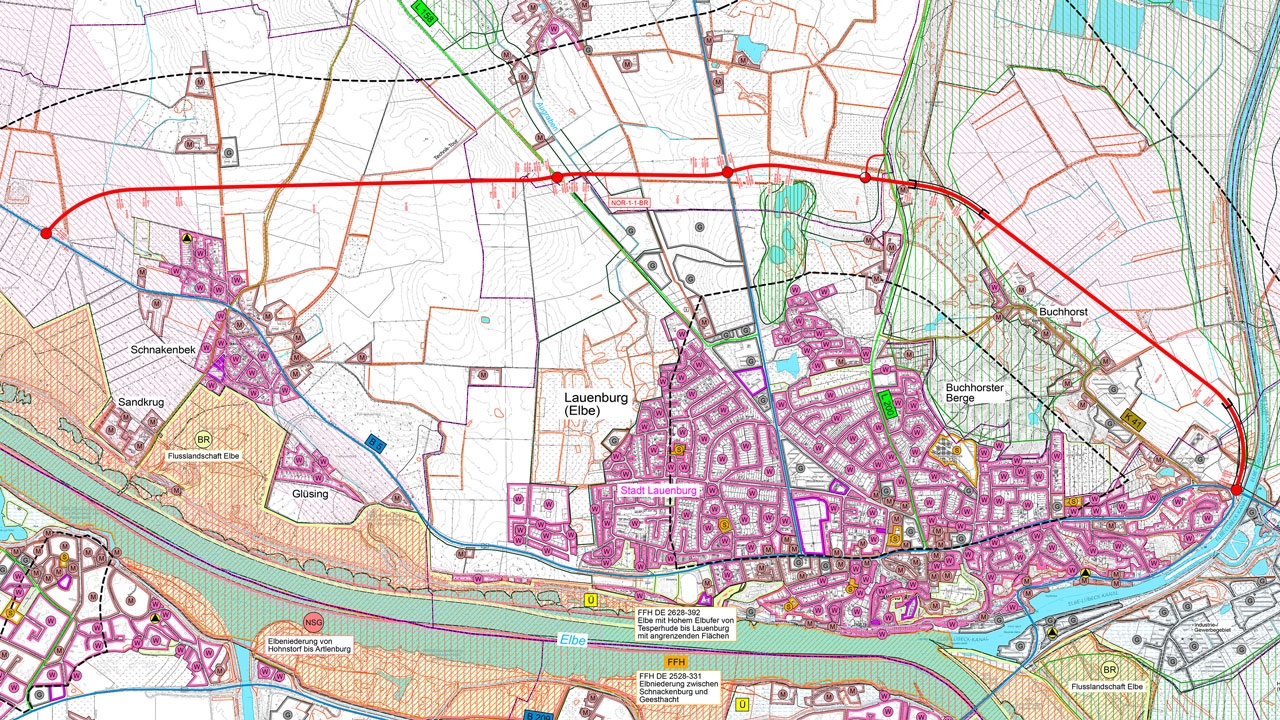 Landesbetrieb Straßenbau und Verkehr Schleswig-Holstein: Übersichtskarte der Vorzugsvariante für die Nordumgehung von Lauenburg.