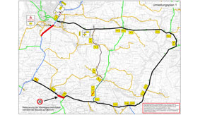 Straßenkarte zur grafischen Darstellung der im Text beschriebenen Umleitung.