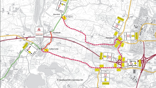 Straßenkarte zur Darstellung der beschriebenen Verkehrsführung. (Quelle: LBV.SH/LVerm Geo) Straßenkarte zur Darstellung der beschriebenen Verkehrsführung.