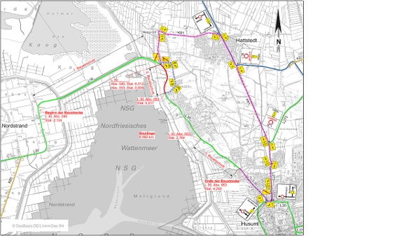 Straßenkarte zur Darstellung der beschriebenen Verkehrsführung. (Quelle: LBV.SH/LVerm Geo) Straßenkarte zur Darstellung der beschriebenen Verkehrsführung.