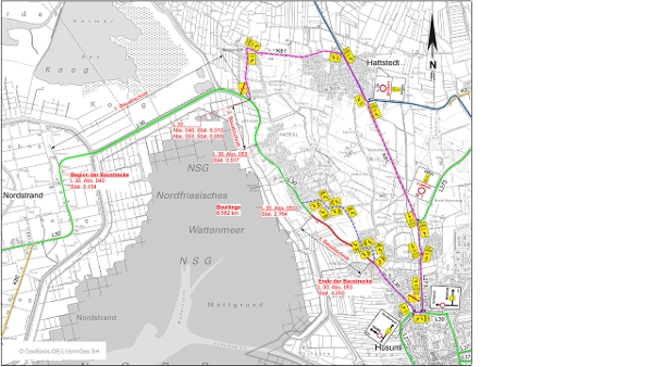 Straßenkarte zur Darstellung der beschriebenen Verkehrsführung. (Quelle: LBV.SH/LVerm Geo) Straßenkarte zur Darstellung der beschriebenen Verkehrsführung.
