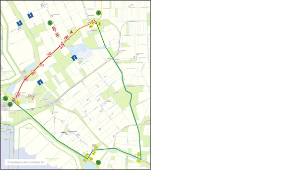 Straßenkarte zur Darstellung der beschriebenen Verkehrsführung. (Quelle: LBV.SH/LVerm Geo) Straßenkarte zur Darstellung der beschriebenen Verkehrsführung.