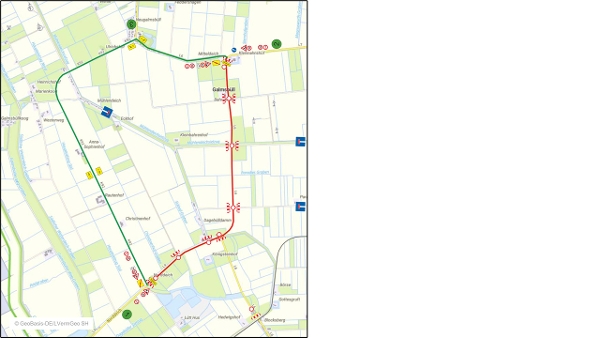 Straßenkarte zur Darstellung der beschriebenen Verkehrsführung. (Quelle: LBV.SH/LVerm Geo) Straßenkarte zur Darstellung der beschriebenen Verkehrsführung.