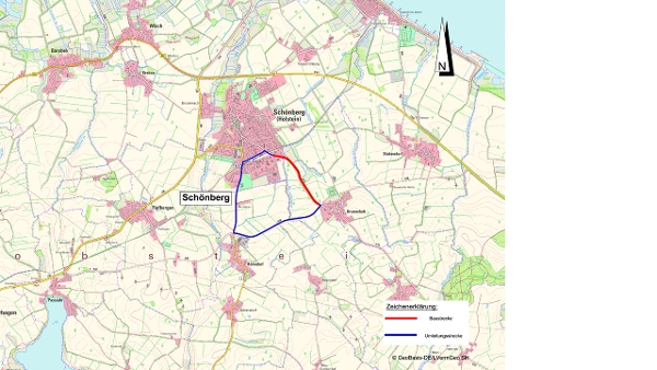 Straßenkarte zur Darstellung der beschriebenen Verkehrsführung. (Quelle: LBV.SH/LVerm Geo) Straßenkarte zur Darstellung der beschriebenen Verkehrsführung.
