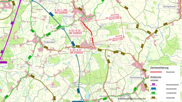 Straßenkarte zur Darstellung der beschriebenen Verkehrsführung. (Quelle: LVerm Geo/LBV.SH) Straßenkarte zur Darstellung der beschriebenen Verkehrsführung.