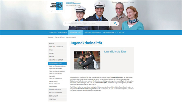 Abbildung der Internetseite von ProPK zum Thema Jugendkriminalität