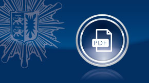 Symbolbild; blauer Hintergrund mit helleren Absetzungen, Polizeistern oben links in der Ecke, im Vordergrund ist ein Kreis der eine Symboldarstellung einer PDF Datei zeigt