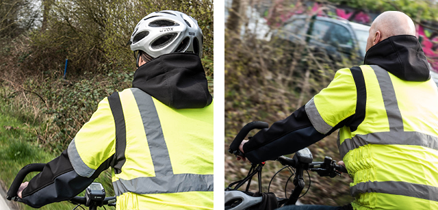 Bildcollage: Radfahrer fährt mit Helm; Radfahrer fährt ohne Helm