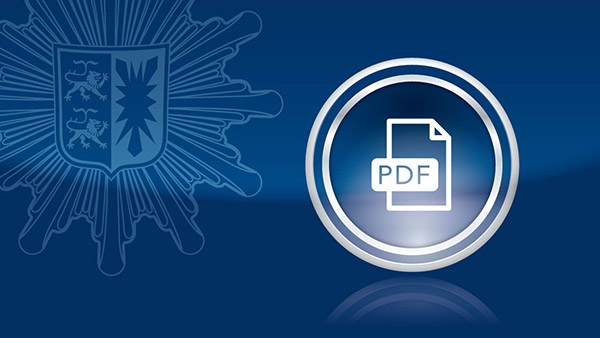 Symbolbild; blauer Hintergrund mit helleren Absetzungen, Polizeistern oben links in der Ecke, im Vordergrund ist ein Kreis der eine Symboldarstellung einer PDF Datei zeigt