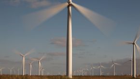 Ein Windpark im Ort Reußenkoege in Nordfriesland