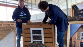 Jörn Hartje zeigt Umweltminister Jan Philipp Albrecht an einer Modellwand, wie sich Seegras als Dämmmaterial verwenden lässt.