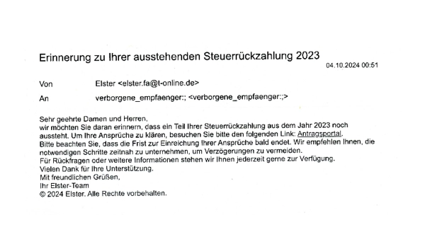 Betrugsmasche über Elster (Quelle: Finanzministerium) Betrugsmasche über Elster