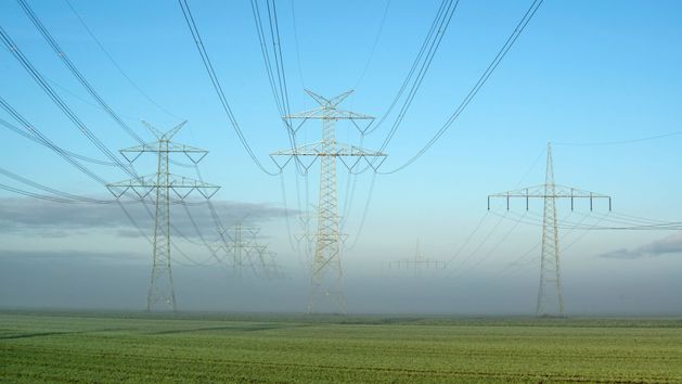 Stromleitungen auf einem grünen Feld