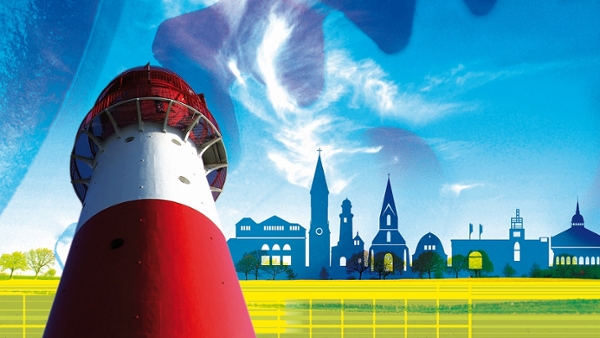 Leuchtturm auf einem Hintergrund, der ein stilisiertes Rapsfeld und eine Stadt zeigt